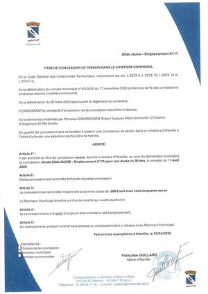 DM 07 2026 - Annexe - Achat D’un Titre De Concession Funéraire Située Dans Le Cimetière Communal