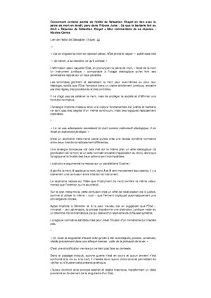 Nicolas Carras - Concernant Certains Points De L’édito De Sébastien Xhayet En Lien Avec La Peine De Mort En Israël, Paru Dans Tribune Juive Ce Que La Barbarie Fait Au Droit + Réponse De Sébastien Xhayet + Mon Commentaire De Sa Réponse - Article paru