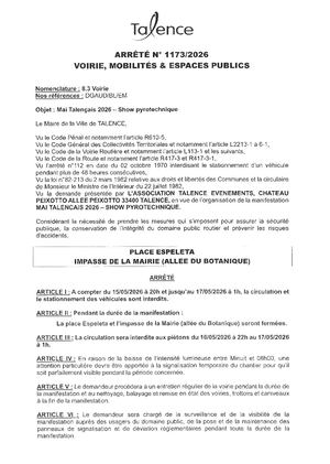 Arrete 1173 2026 Mai Talençais 2026 Show Pyrotechnique Du 15 Au 17 05 2026