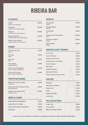 Ribeira Bar Menu EN | Jupiter Porto Hotel