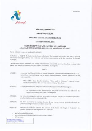 2026ar099 Délégation à M Lecocq