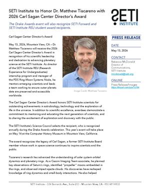 SETI Institute to Honor Dr. Matthew Tiscareno with 2026 Carl Sagan Center Director’s Award