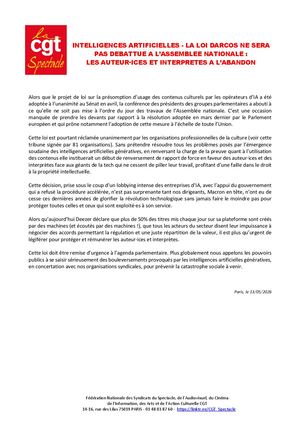 Cp Cgtspectacle Intelligences Artificielles La Loi Darcos Ne Sera Pas Débattue à L’assemblée Nationale Les Auteur·ices Et Interprètes à L’abandon