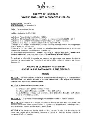Arrete 1155 2026 Transplantation D'arbre Avenue De La Mission Haut Brion Du 18 05 Au 0 06 2026
