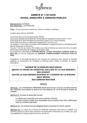 Arrete 1197 2026 Travaux De Levée De Réserves Pose Du Portique Du Parking Avenue De La Mission Haut Brion Du 19 Au 29 05 2026