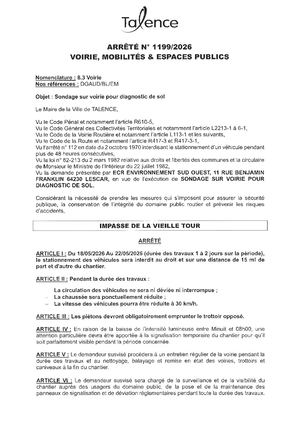 Arrete 1199 2026 Sondage Sur Voirie Pour Diagnostic De Sol Impasse De La Vielle Tour Du 18 Au 22 05 2026