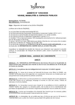 Arrete 1252 2026 Réparation De L'avarie Sur La Ls 63kv Paillerie Avenue Roul Du 18 05 Au 24 07 2026