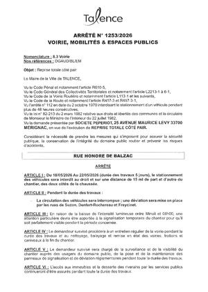 Arrete 1253 2026 Reprise Totale Côté Pair Rue Honoré De Balzac Du 18 Au 22 05 2026