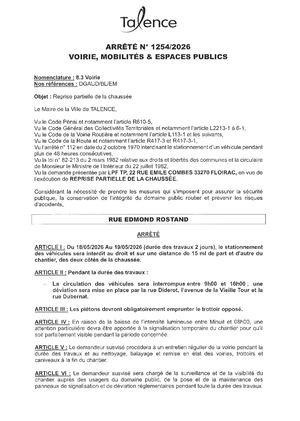 Arrete 1254 2026 Reprise Partielle De La Chaussée Rue Edmond Rostand Du 18 Au 19 05 2026