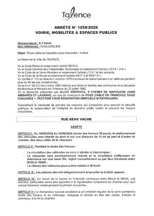 Arrete 1258 2026 Pose Câble En Tranchée Sous Chaussée + Trottoir Rue René Vaché Du 18 05 Au 16 06 2026