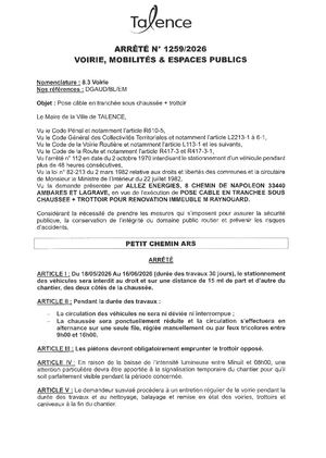 Arrete 1259 2026 Pose Câble En Tranchée Sous Chaussée + Trottoir Petit Chemin Ars Du 18 05 Au 16 06 2026