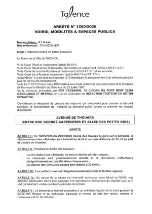Arrete 1260 2026 Réfection Trottoir En Béton Désactive Avenue De Thouars Du 18 Au 29 05 2026