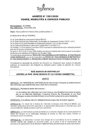 Arrete 1261 2026 Renouvellement Réseau D'eau Potable Rue Marcelin Berthelot Du 18 05 Au 31 07 2026