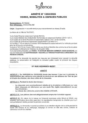 Arrete 1262 2026 Suppression + Nouvelle Tendue Pour Raccordement Au Réseau Enedis 57 Rue Georges Bizet Du 18 Au 22 05 2026