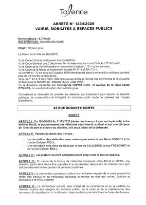 Arrêté 1234 2026 Camion Grue 43 Rue Auguste Comte Du 19 Au 21 05 2026