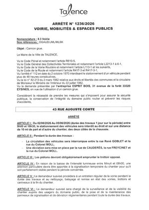 Arrêté 1236 2026 Camion Grue 43 Rue Auguste Comte Du 02 Au 05 06 2026