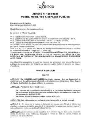 Arrete 1268 2026 Branchement D'arrosage Avec Fosse 40 Rue Redeuilh Du 18 Au 29 05 2026