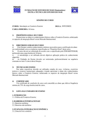 Sinopse Curso Femar Introd Comércio Exterior