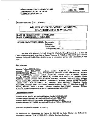 LIASSE DES DÉLIBERATIONS CONSEIL MUNICIPAL JEUDI 30 AVRIL 2026