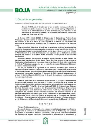 Decreto 81/2026, de 20 de abril, por el que se dictan normas para facilitar la participación de las personas trabajadoras en las elecciones al Parlamento de Andalucía del 17 de mayo