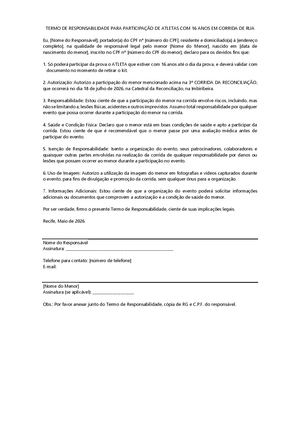 Termo De Responsabilidade Para Participação De Menores De 18 Anos Em 3ª Corrida Da Recon 2026