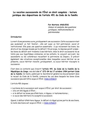 La vocation successorale de l’État en droit congolais : lecture juridique des dispositions de l’article 491 du Code de la famille_MERTONE ANGUERS