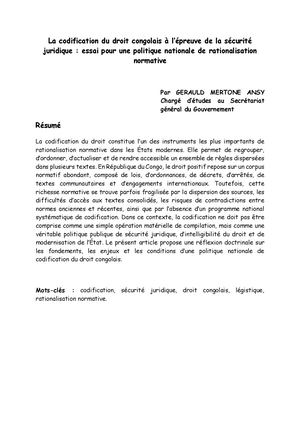 La Codification Du Droit Congolais à L’épreuve De La Sécurité Juridique Essai Pour Une Politique Nationale De Rationalisation Normative Gerauld Mertone Ansy