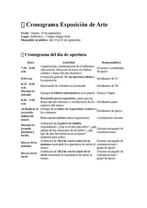 ???? Cronograma Exposición De Arte Para El 19 Septiembre