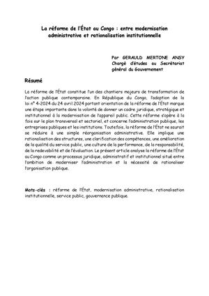 La Réforme De L’état Au Congo Entre Modernisation Administrative Et Rationalisation Institutionnelle Gerauld Mertone Ansy