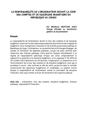 La Responsabilite De L’ordonnateur Devant La Cour Des Comptes Et De Discipline Budgetaire En Republique Du Congo Gerauld Mertone Ansy