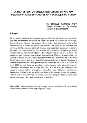 La Protection Juridique Des Citoyens Face Aux Decisions Administratives En Republique Du Congo Gerauld Mertone Ansy
