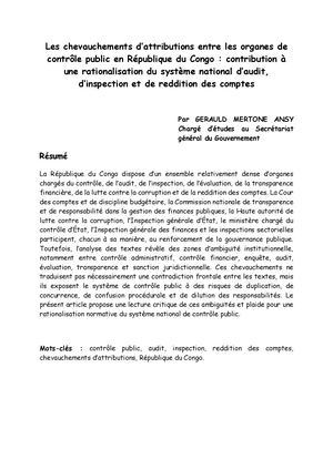 Les Chevauchements D’attributions Entre Les Organes De Contrôle Public En République Du Congo Contribution à Une Rationalisation Du Système National D’audit, D’inspection Et De Reddition Des Comptes_GERAULD MERTONE ANSY