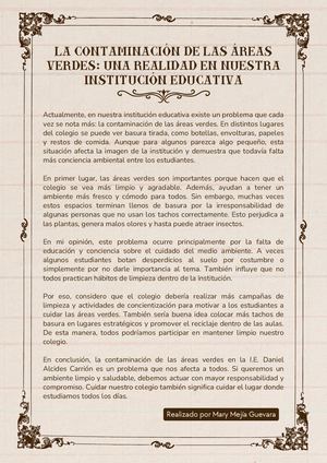 Artículo de opinión sobre la contaminación en las áreas verdes en la institución educativa Daniel alcides Carrión.