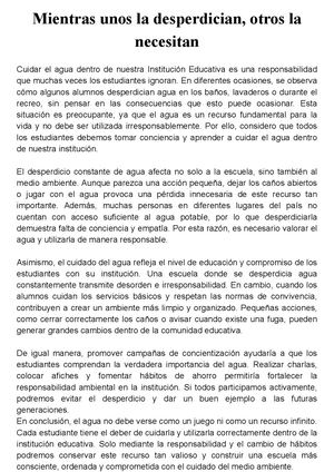 Mientras Unos La Desperdician, Otros La Necesitan Cuidar El Agua Dentro De Nuestra Institución Educativa Es Una Responsabilidad Que Muchas Veces Los Estudiantes Ignoran En Diferentes Ocasiones, S