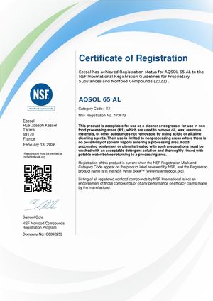 Certificat Nsf Aqsol 65 AL - ECCSEL