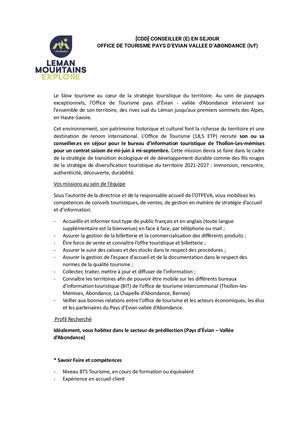 Offre D'emploi Conseiller En Séjour éTé 2026