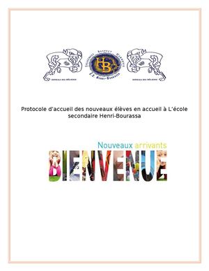 Protocole D'accueil Des Nouveaux éLèves à Henri Bourassa