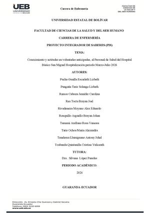 Conocimiento y actitudes en voluntades anticipadas, al Personal de Salud del Hospital  Básico San Miguel Hospitalización periodo Marzo-Julio 2026