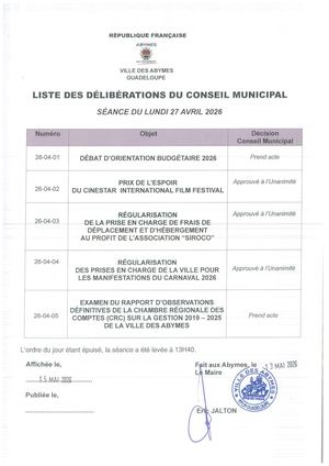 LISTE DES DELIBERATIONS  (SEANCE DU LUNDI 27 AVRIL 2026).