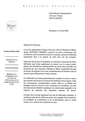 Courrier au Directeur du Centre Routier Départemental de Langon