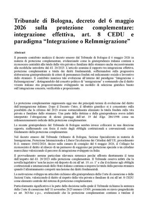 Tribunale di Bologna, decreto del 6 maggio 2026 sulla protezione complementare: integrazione effettiva, art. 8 CEDU e paradigma “Integrazione o ReImmigrazione”