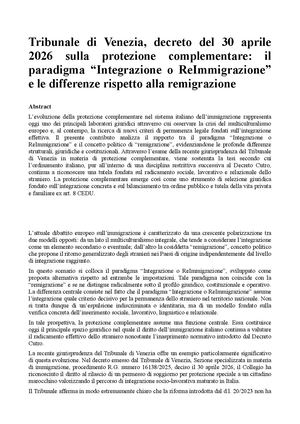 Tribunale di Venezia, decreto del 30 aprile 2026 sulla protezione complementare: il paradigma “Integrazione o ReImmigrazione” e le differenze rispetto alla remigrazione