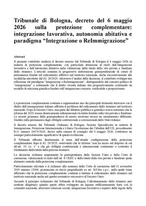 Tribunale di Bologna, decreto del 6 maggio 2026 sulla protezione complementare: integrazione lavorativa, autonomia abitativa e paradigma “Integrazione o ReImmigrazione”