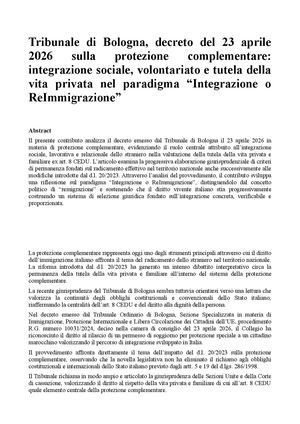 Tribunale di Bologna, decreto del 23 aprile 2026 sulla protezione complementare: integrazione sociale, volontariato e tutela della vita privata nel paradigma “Integrazione o ReImmigrazione”