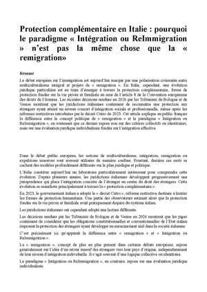 Protection complémentaire en Italie : pourquoi le paradigme « Intégration ou ReImmigration » n’est pas la même chose que la « remigration»