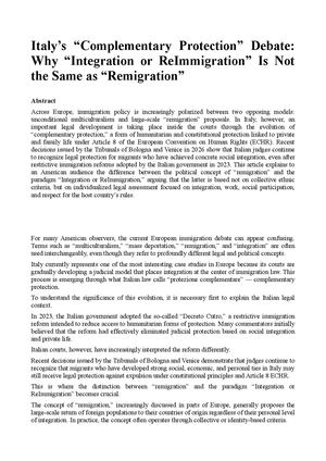 Italy’s “Complementary Protection” Debate: Why “Integration or ReImmigration” Is Not the Same as “Remigration”