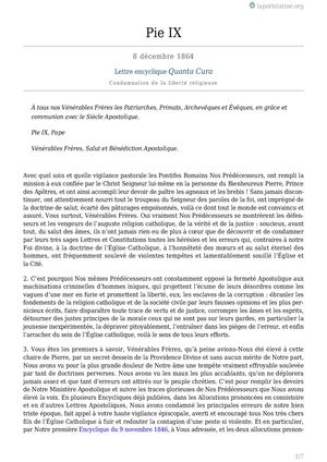Quanta Cura: Condamnation De La Liberté Religieuse; Lettre Encyclique Par Le Pape Pie IX, 1864
