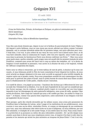 Mirari Vos: Condamnation Du Libéralisme Et De L'Indifférentisme Religieux; Lettre Encyclique Par Le Pape Grégoire XVI, 1832