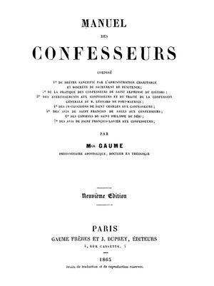 Manuel Des Confesseurs, Par Mgr Jean Joseph Gaume, 1865