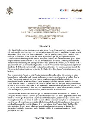 Concile Vatican II - Dignitatis Humanae: Déclaration Du Concile Vatican II Sur La Liberté Religieuse; Par Le Pape Paul VI, 1965